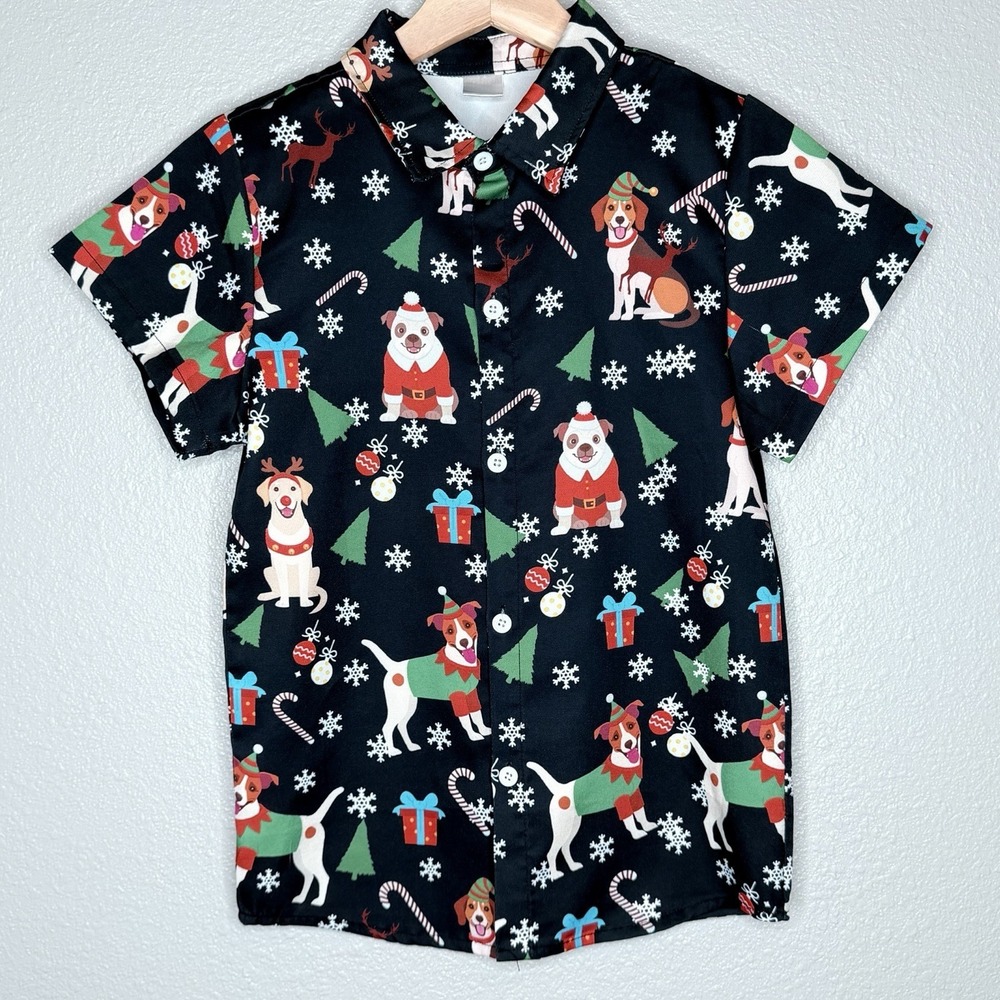 Boys Christmas Dog Button Up Shirt Youth L 10/12 Santa Reindeer Holiday Novelty